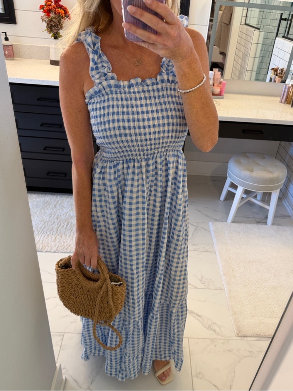 Blue Gingham Smocked Maxi Dress with Ruffle Straps